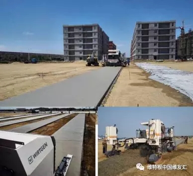 上：攤鋪完的廠房地坪混凝土板；下左：安裝在機身后部伸長臂上的超級抹平器，對混凝土表面進行進一步修復和處理；下右：一臺 SP 25 滑模攤鋪機即可整合所有傳統施工步驟，實現同步一體化作業